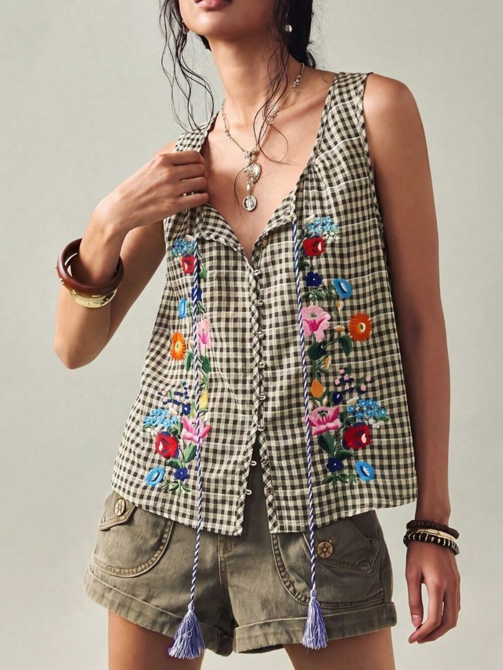 Boho Women's Gingham Embroidered Sleeveless Square Neck Tassel Front Blouse - Picture 8 of 8